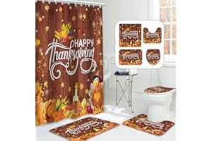 MEHOFOND 4pcs Happy Thanksgiving Turkey Shower Curtain Set,Rustic Wood Pumpkin Fall Autumn Harvest Shower Curtain Sets,Fall Bathroom Bathtub Decor with Non-Slip Rugs Toilet Lid Cover and Bath Mat