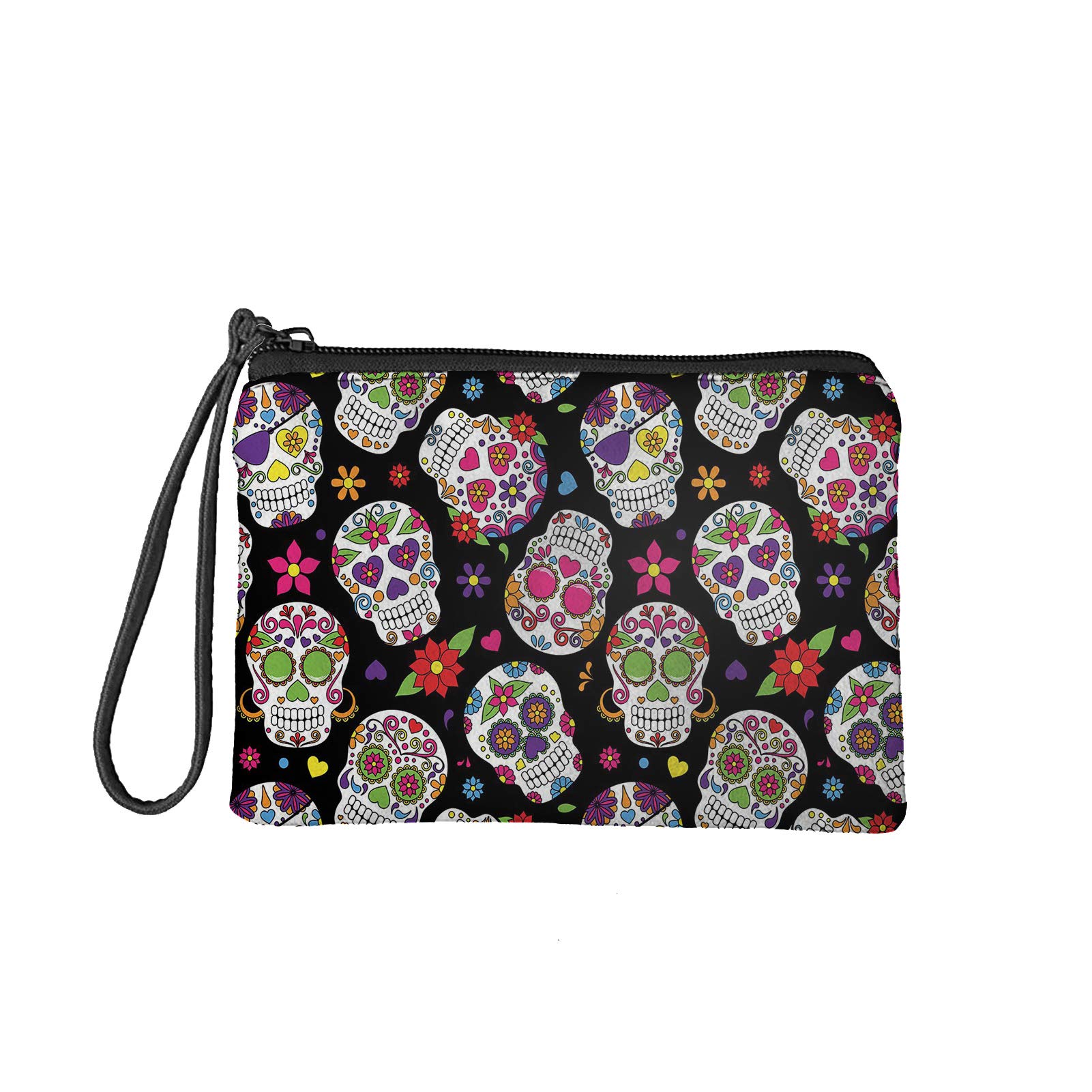 COEQINE Sugar Skull Print Wallet for Women Soft Small Coin Purse with Zipper Lightweight Tote Handbag