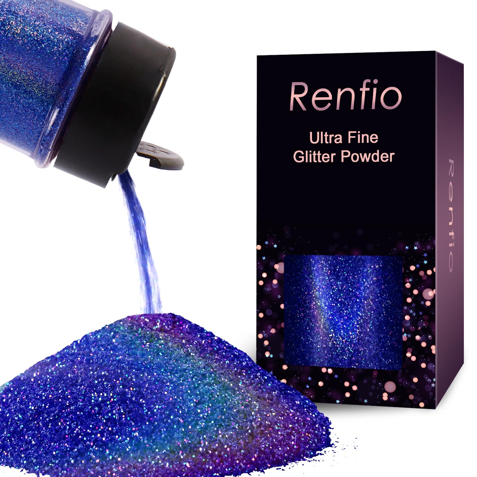 Renfio Holographic Ultra Fine Glitter Powder Metallic Resin Glitter 2.11 Oz (60g) PET Flakes Crafts Sequins 1/128" 0.008" 0.2mm Epoxy Chips Flakes for Tumblers Slime - Laser Royal Blue