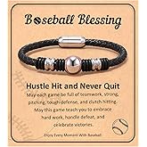 HGDEER Baseball Soccer Bracelet, Black Leather Stainless Steel Charm Baseball Soccer Gifts for 8-16 Year Old Teens, Teams, Son, Grandson Brother Ideas
