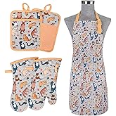 Alselo Oven Mitts and Pot Holders with Chef Apron,Set of 5 Heat Resistant Kitchen Gloves and Silicone Non-Slip Potholders Adjustable Neck Buckle Chef Apron, Cotton Nice Design for Cooking (Cat)