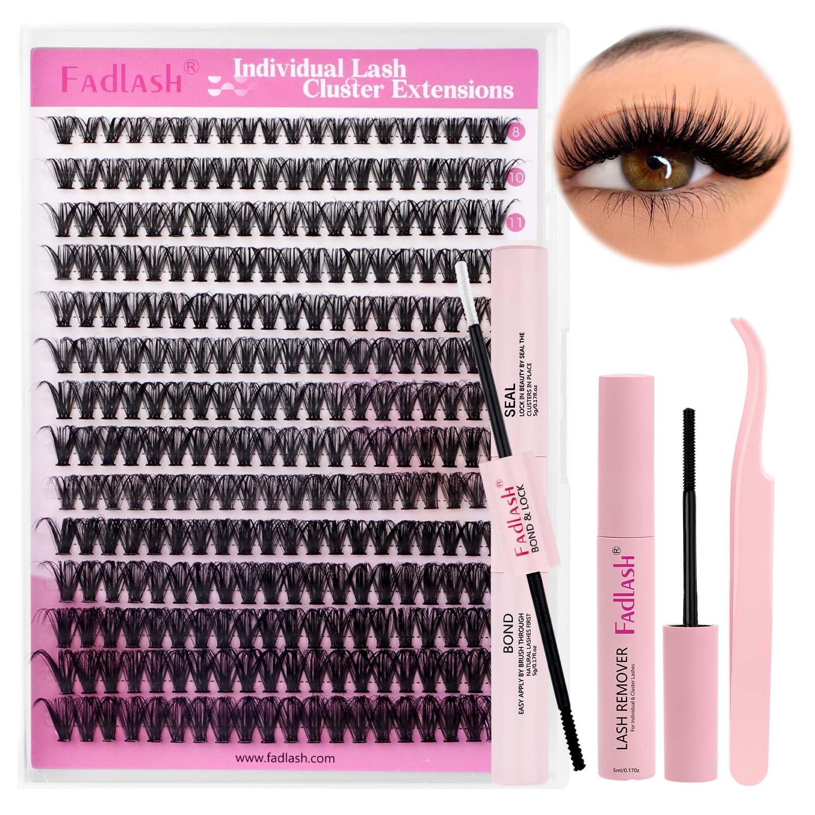 FADLASH 200pcs 0.07mm D Curl 8-16mm Mix with Bond and Seal and Tweezers Soft Wispy Cluster Lashes DIY Eyelash Extensions — image 1
