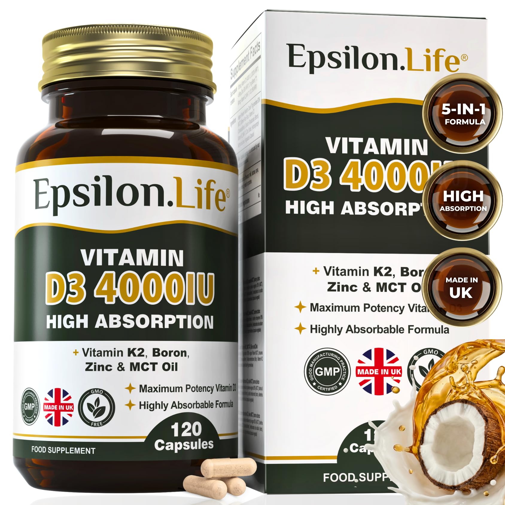 Vitamin D3 and K2 with Zinc - High Strength 4000IU Vitamin D & K2 MK7 Formula - Includes Boron & MCT Oil for Optimal Absorption - 120 Capsules (4 Month Supply) - No Fillers - Made in the UK