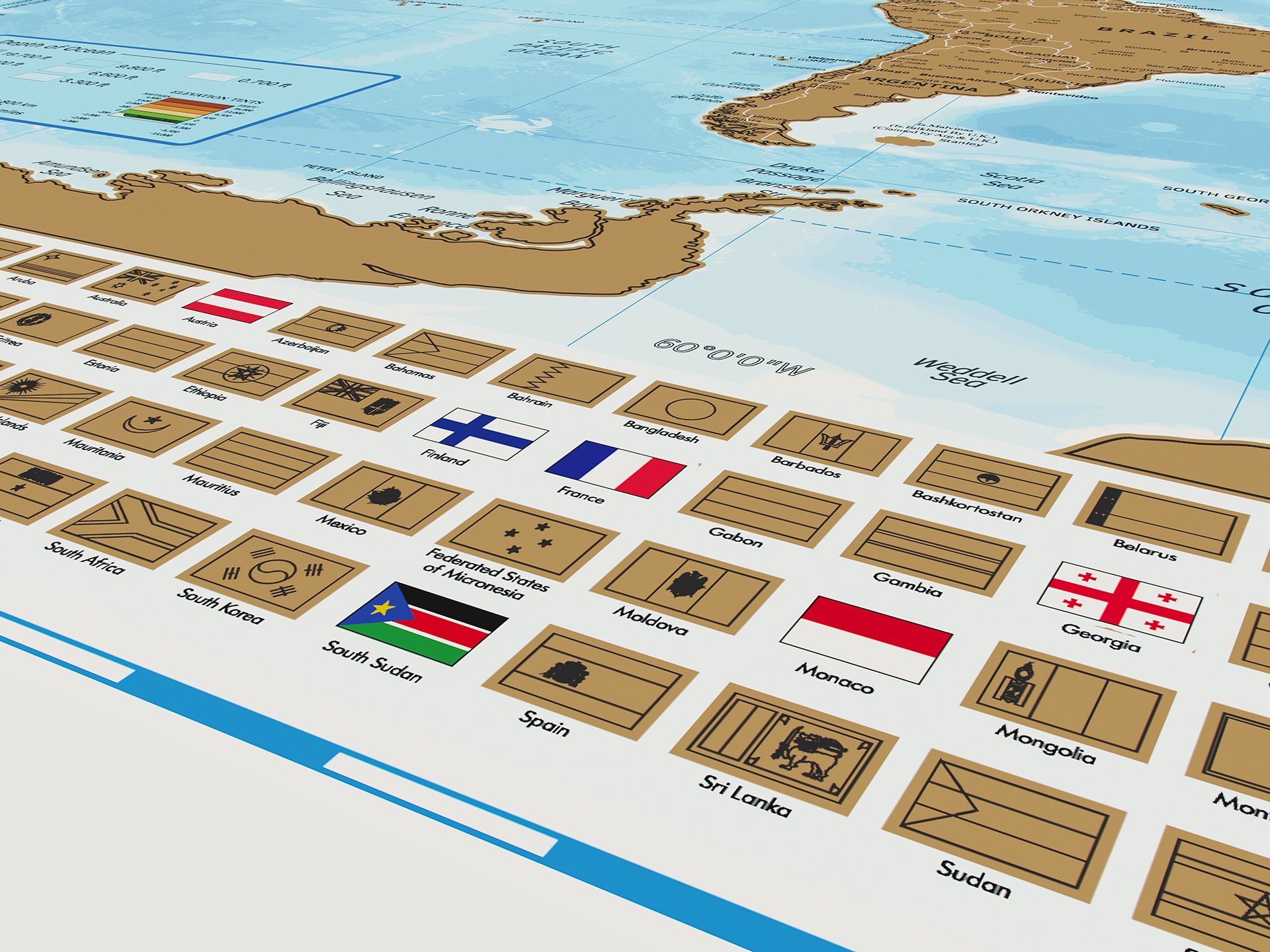 NIMAXI Mapa mundial para rascar, tamaño 83x58 cm, color: azul, alto brillo, Carta del mundo XXL con banderas para rascar gratis