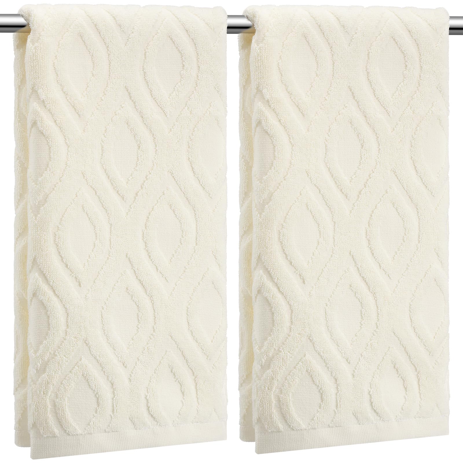Photo 1 of SmoothNovelty 2 Pcs Quality Geometric Jacquard Hand Towels Set for Bathroom Cream White Hand Towels 100% Cotton Absorbent Decorative Weave Bath Decor Neutral Bathroom Decor Gift, 13.7 x 29.5 Inch