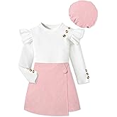 MIGU Girls Clothes Ruffle Long Sleeve Round Neck Button Top Skirt Short Beret Fall Outfit 3 Piece Skirt Set