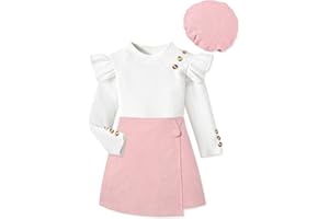 MIGU Girls Clothes Ruffle Long Sleeve Round Neck Button Top Skirt Short Beret Fall Outfit 3 Piece Skirt Set