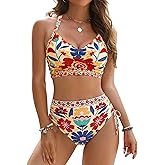 Blooming Jelly Womens High Waisted Bikini Sets Drawstring Tummy Control Swimsuits Crisscross Tie Back Bathing Suit