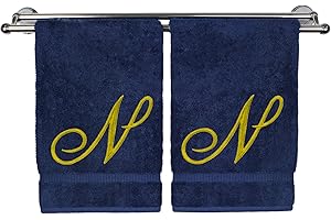 BC BARE COTTON Monogrammed Hand Towel, Personalized Gift, 16 x 30 Inches - Set of 2 - Gold Embroidered Towel - Extra Absorbent 100% Turkish Cotton - Soft Terry Finish - for Bathroom, Kitchen and Spa - Script N Navy