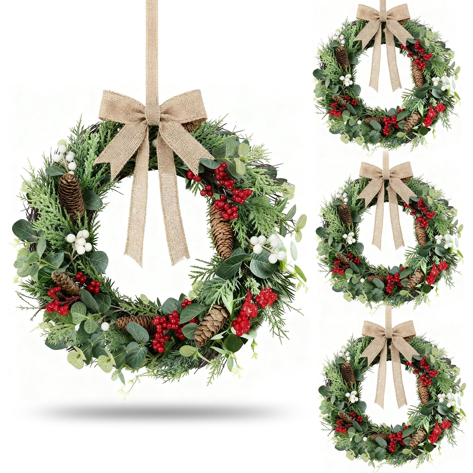 Photo 1 of 4 PCS Christmas Mini Cabinet Wreath for Kitchen with Ribbon Artificial Eucalyptus Cedar Hanging Garland with Red Whilt Berries Pine Cones for Swag Table Centerpiece Door Window Chair Wall Winter Decor