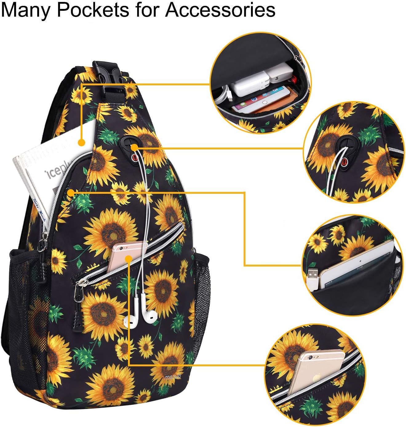 MOSISO Sling Backpack, Travel Hiking Daypack Pattern Rope Crossbody Shoulder Bag, Black Base Sunflower : Sports & Outdoors