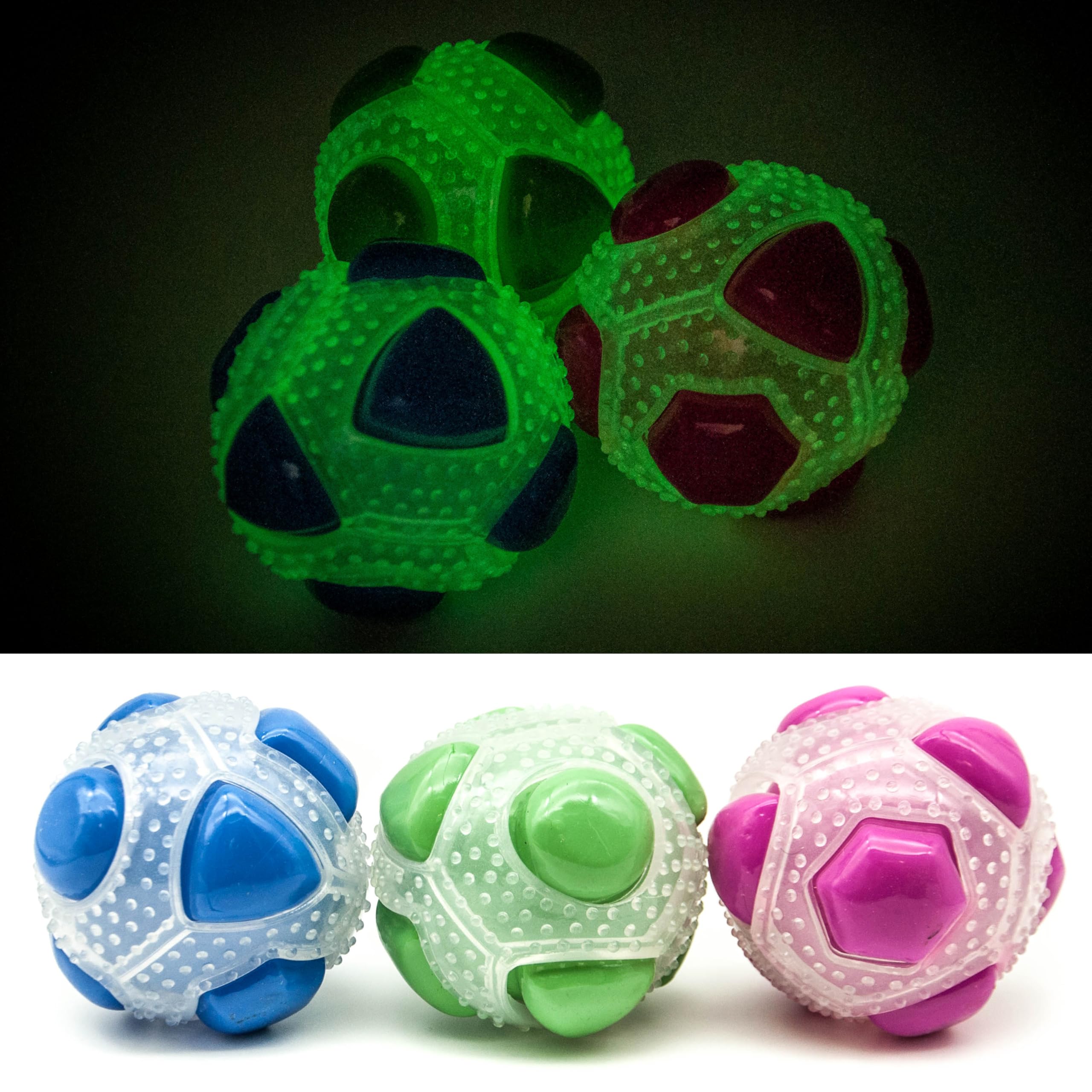 Petopedia 2x Dog Balls – GLOW IN THE DARK – Squeaky Ball for Dogs – Rubber Fetch Toy, FLOURESCENT Pet Glowing Balls – Interactive Toys for Boredom, Training, Pets Night Walk (Assorted (Pack of 2))