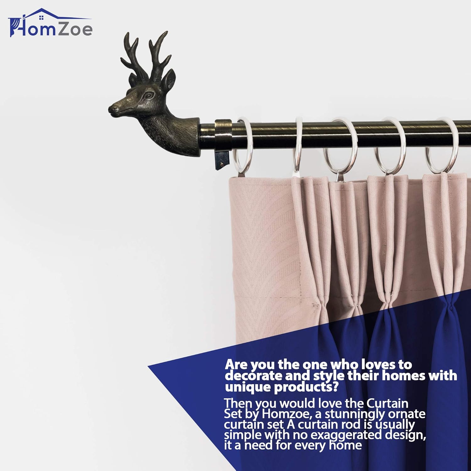 HOMZOE Curtain Rod Drapery Windows - 1-1/8 inch Diameter with Classic Deer Finials Design Set with Extendable Pipe, Adjustable Brackets, Plated Brass Finish (72" to 144"): Home & Kitchen