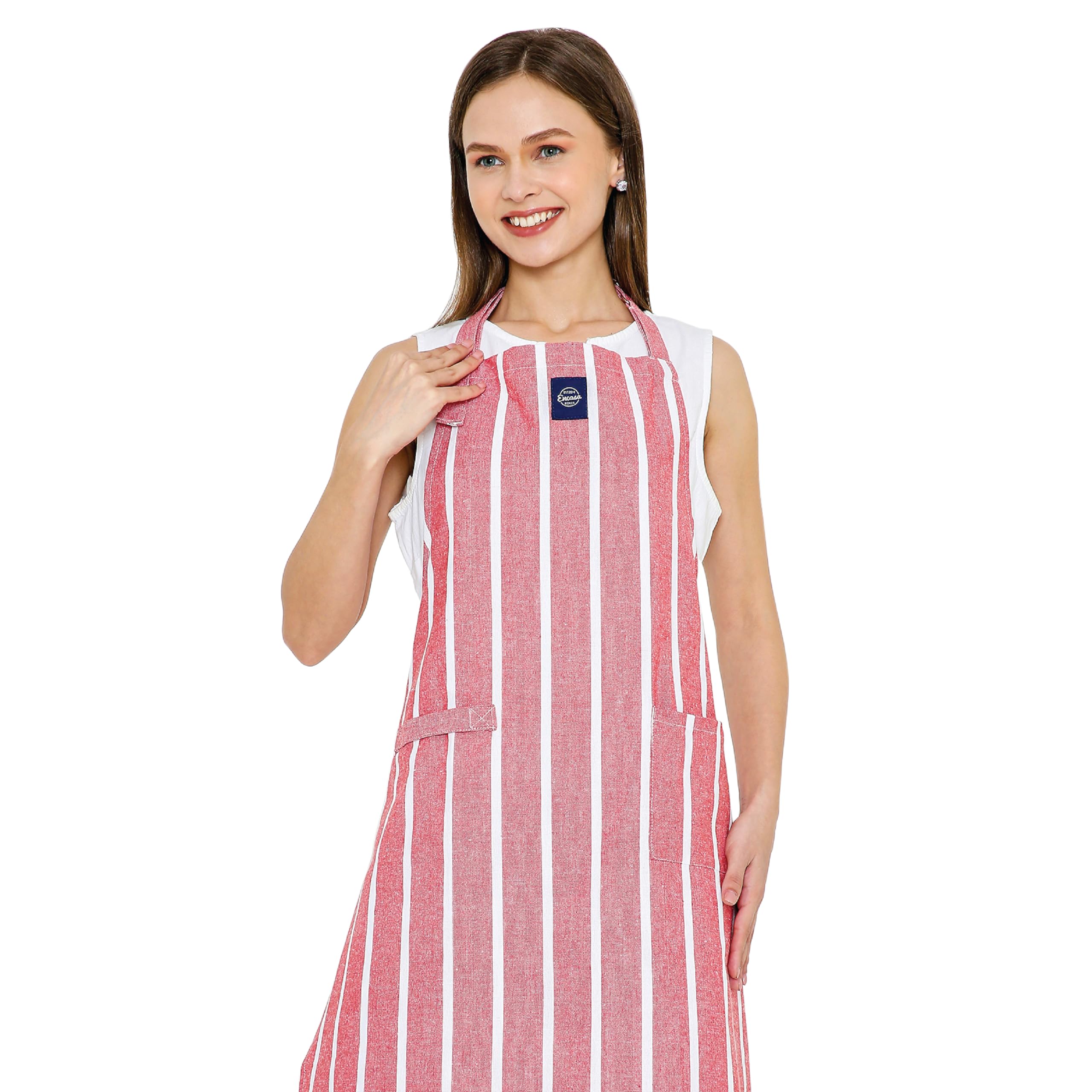 Encasa XO Adjustable Kitchen Cotton Apron With Pockets & Towel Holder Of Size 68x85 cm (Roma Red Stripes) for Men & Women Chefs For Cooking & Baking in Home, Restaurants & Barbeque