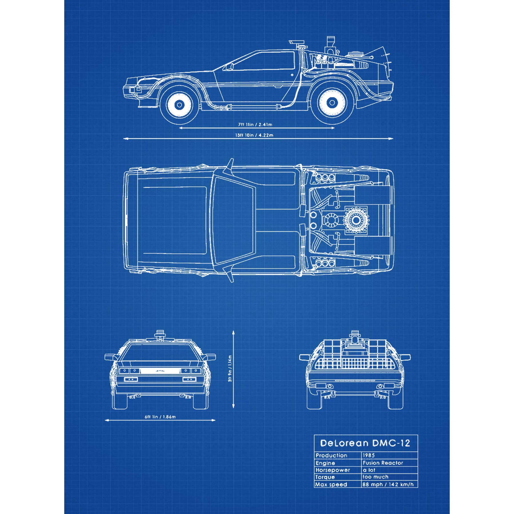Artery8 DeLorean DMC-13 Future Time Travel Car Blueprint Plan Premium Wall Art Canvas Print 18X24 Inch