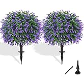 Grooy Artificial Boxwood Topiary Ball with Lavender, Set of 2 Artificial Shrub Bushes with Ground Spike, UV Resistant Fake Evergreen Plant Tree for Porch Outdoor Planters Indoor Valentine's Day