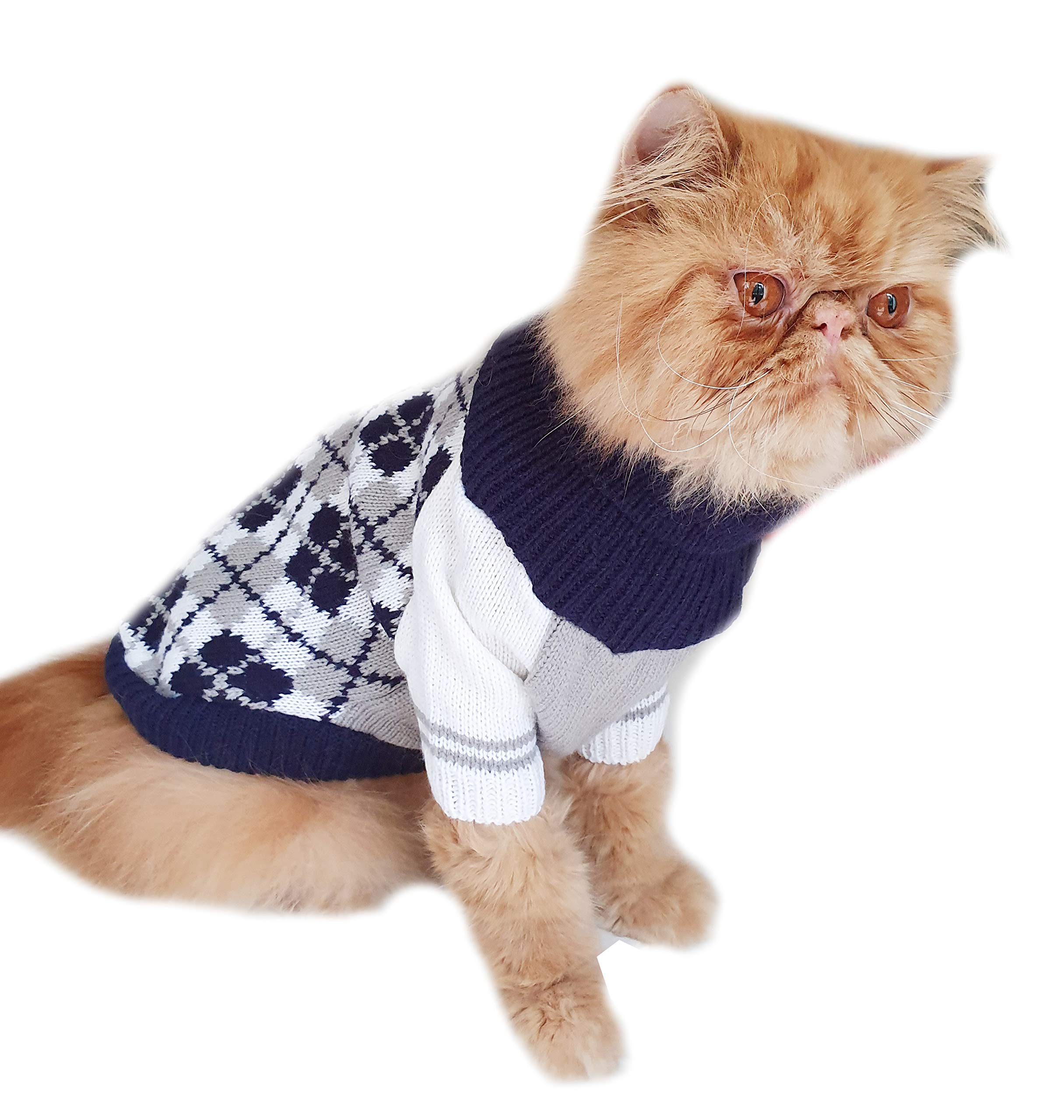 Cute SMALL DOG ONLY Puppy Cat Birthday Christmas Outfit Fleece Winter Girl Boy Jumper Coat Clothes Hoodies Costume Pullover Knitted Knit Sweater Sweatshirt Navy Blue Grey Plaid Tartan Argyle (Medium)