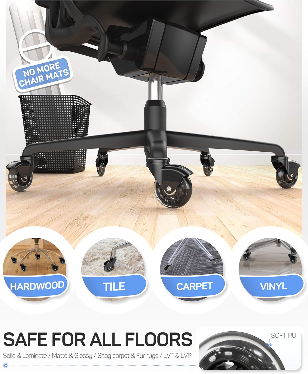 Office Chair Wheels Set of 5, BHONY 3" Swivel Caster Wheels Replacement, Heavy Duty Soft PU Stem Casters for All Floors and Carpets Including Hardwood : Office Products