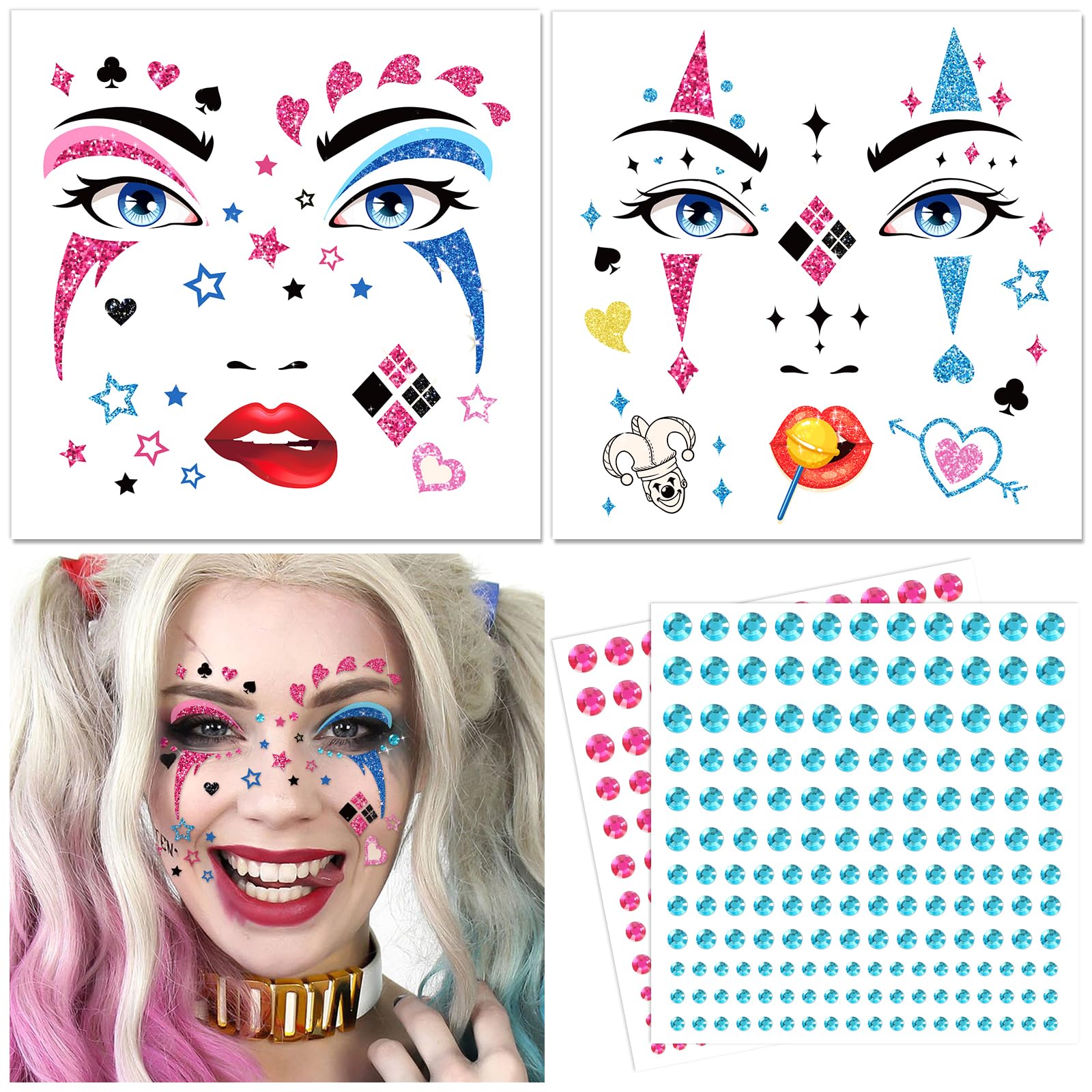 DPKOW Harley Quinn Face Tattoo Accessories for Halloween Glitter Stones Temporary Tattoos Theme Party Cosplay