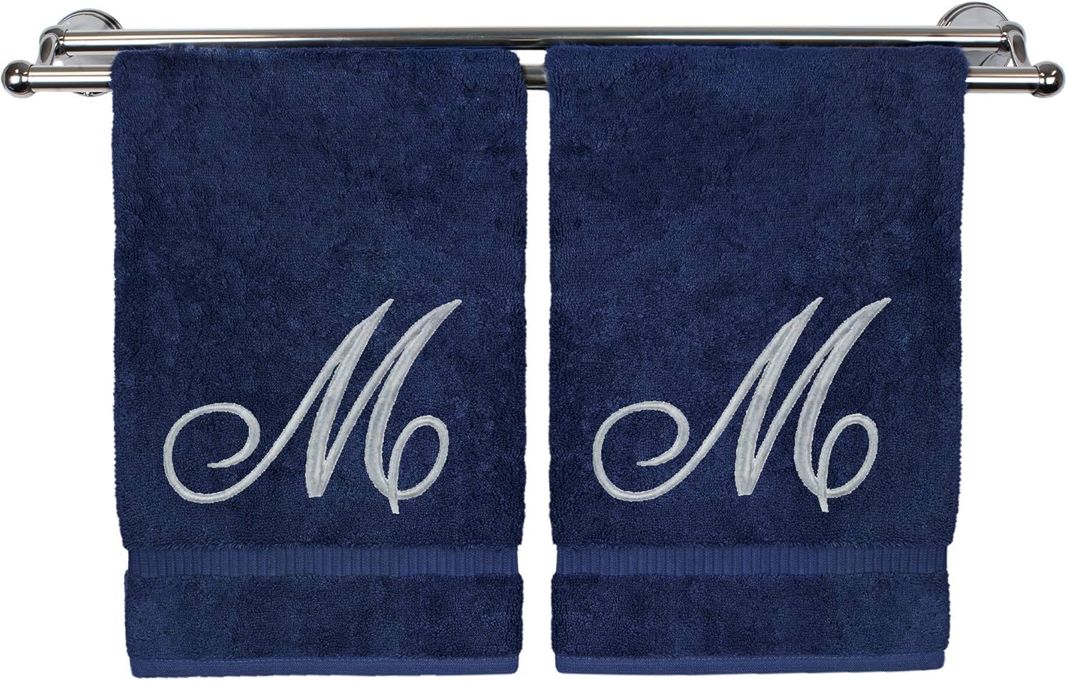Monogrammed Hand Towel, Personalized Gift, 16 x 30 Inches - Set of 2 - Silver Embroidered Towel - Extra Absorbent 100% Turkish Cotton- Soft Terry Finish - for Bathroom, Kitchen and Spa- Script M Navy