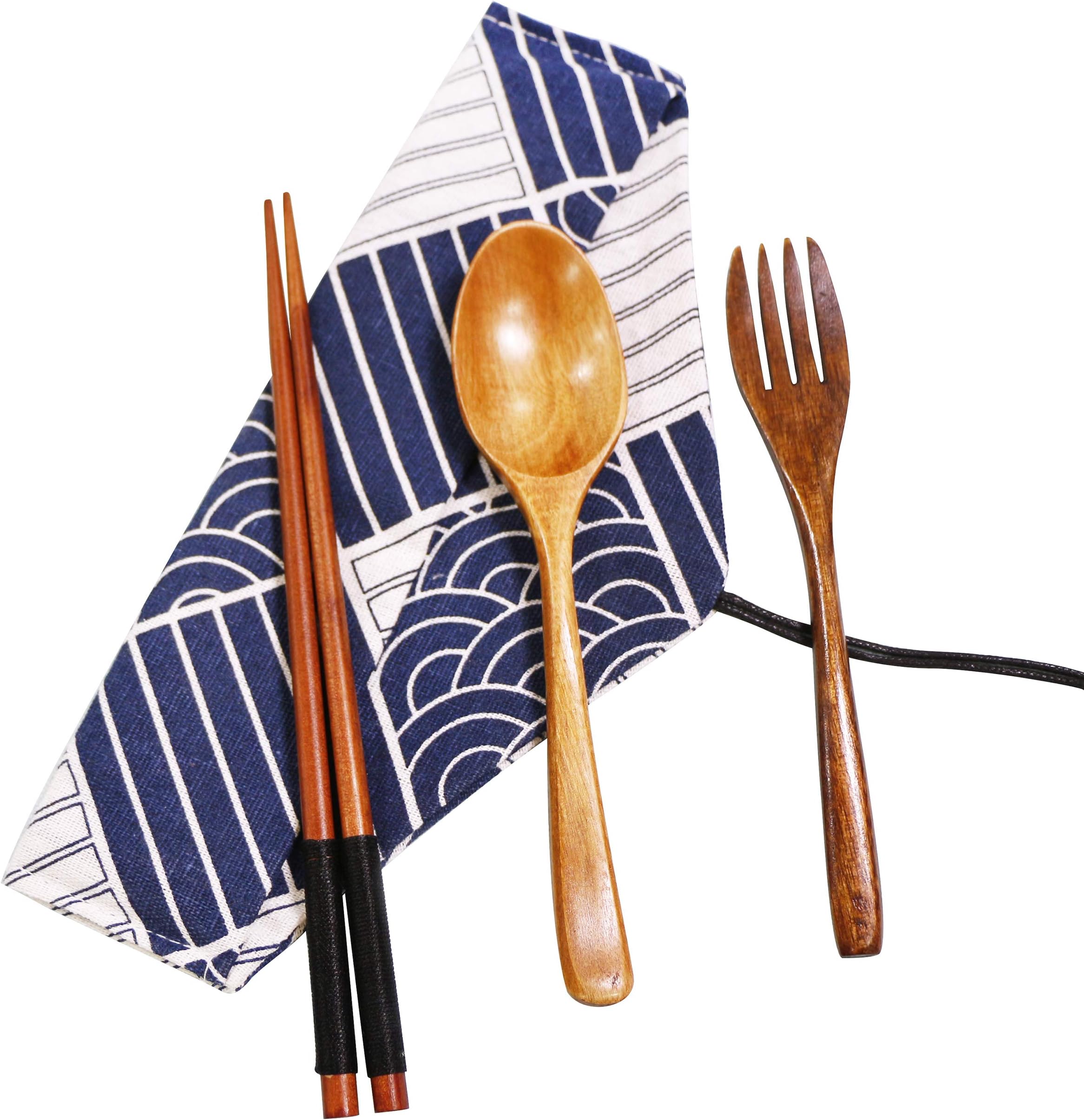 Exzact Wooden Cutlery 3PCS Set in an Oriental Style Pouch with 1 x Spoon, 1 x Fork, 1 x Chopsticks, Eastern Asian Traditional, Natural Wood, Sushi Dinnerware Tableware for Family Travel