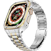 HASLFM Stainless Steel Watch Band and Case Compatible with Apple Watch Ultra 3/2/1 (49mm),Adjustable Metal Strap and Rugged Protector Cover for iWatch Men,Silver/Gold