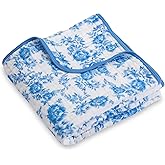 LollyBanks Muslin Baby Blanket 100% Organic Cotton, Muslin Quilt Lightweight, Muslin Blanket for Girls, 6 Layers Baby Blankets 47"x 47", Soft Nursery Receiving Blankets (Blue Peony Print)