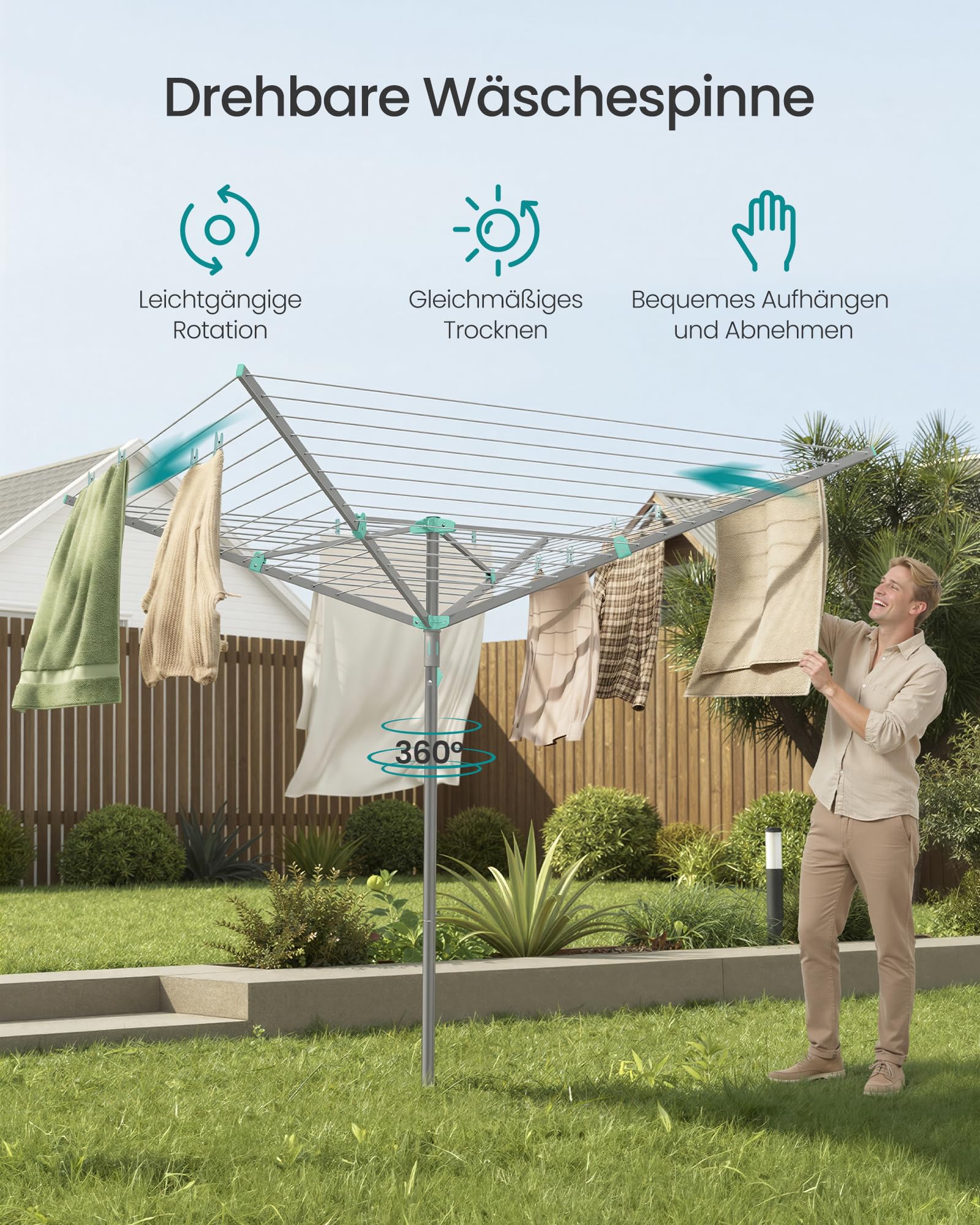 SONGMICS Wäschespinne, Wäscheständer, drehbar, klappbar, draußen, Garten, mit Wäscheklammern, Schutzhülle, silbern, 60 m Wäscheleine, für 6 Waschladungen LLR308EZ01 3