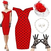 JenPen 5 Pcs Tea Party Dresses Vintage Rose Polka Dot Dress 1950s Derby Pencil Bodycon for Women Ladies Party Attire
