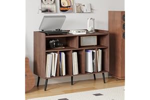 ChooChoo Record Player Stand, Turntable Stand with Vinyl Storage, Record Player Cabinet Up to 350 Albums, Cube Storage Organizer for Living Room, Walnut