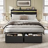 Forestell Full Size Bed Frame with Wood Headboard, Black Platform Bed with 2 Storage Drawers & Shelf, Built in Charging Station & LED Lights, Metal Support, No Box Spring Needed, Camas Full
