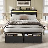 Forestell Full Size Bed Frame with Wood Headboard, Black Platform Bed with 2 Storage Drawers & Shelf, Built in Charging Station & LED Lights, Metal Support, No Box Spring Needed, Camas Full