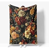 PAOPOED Black Floral Throw Blanket, Vintage Dark Flower Blanket for Bed Sofa Travel and Camping Flannel Blanket Gift, Super Soft Cozy Fluffy Plush Blanket for All Seasons, 50" x 60"