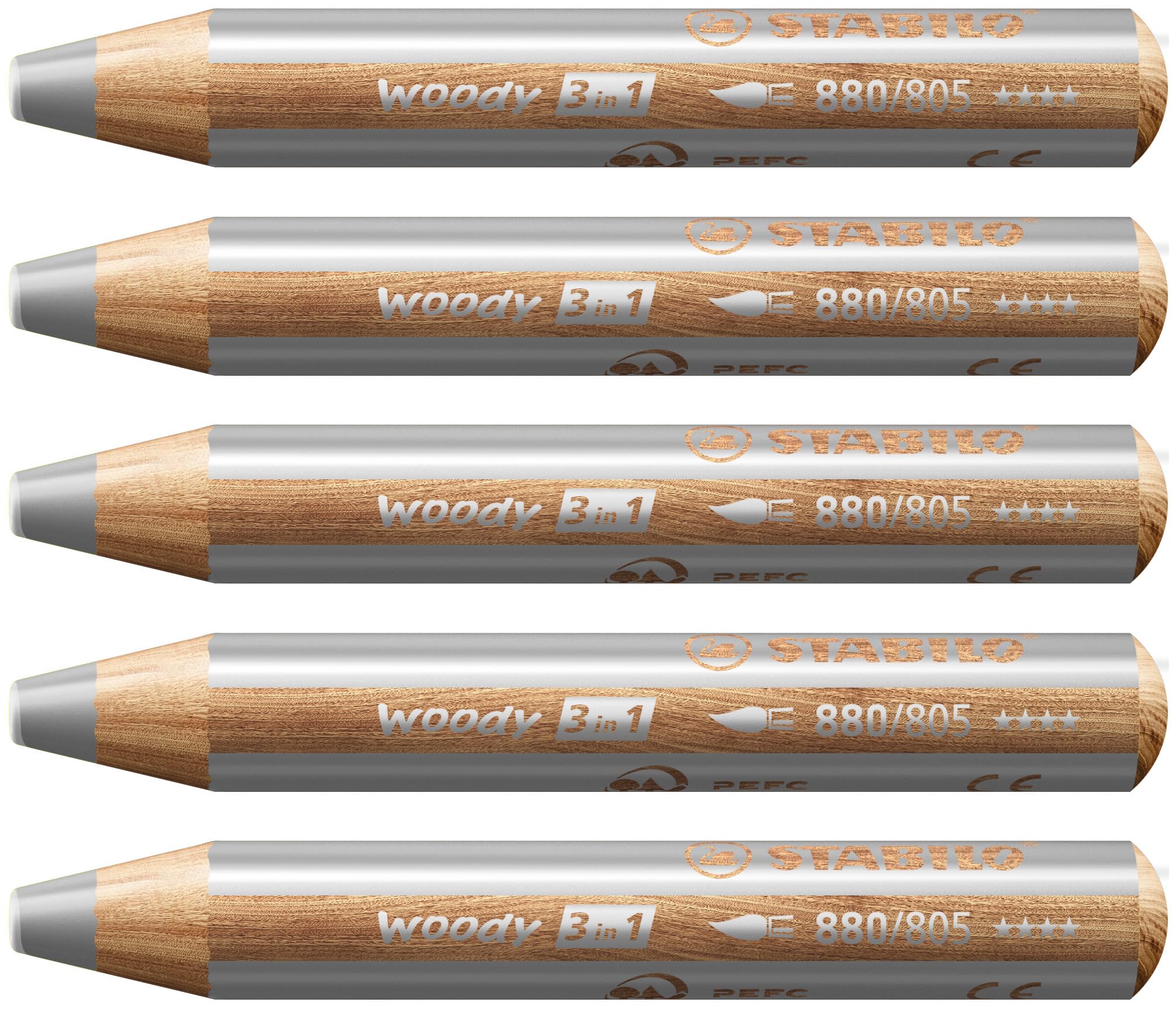 STABILO woody 3-in-1 - Multi-Talented Pencil - Pack of 5 - Silver