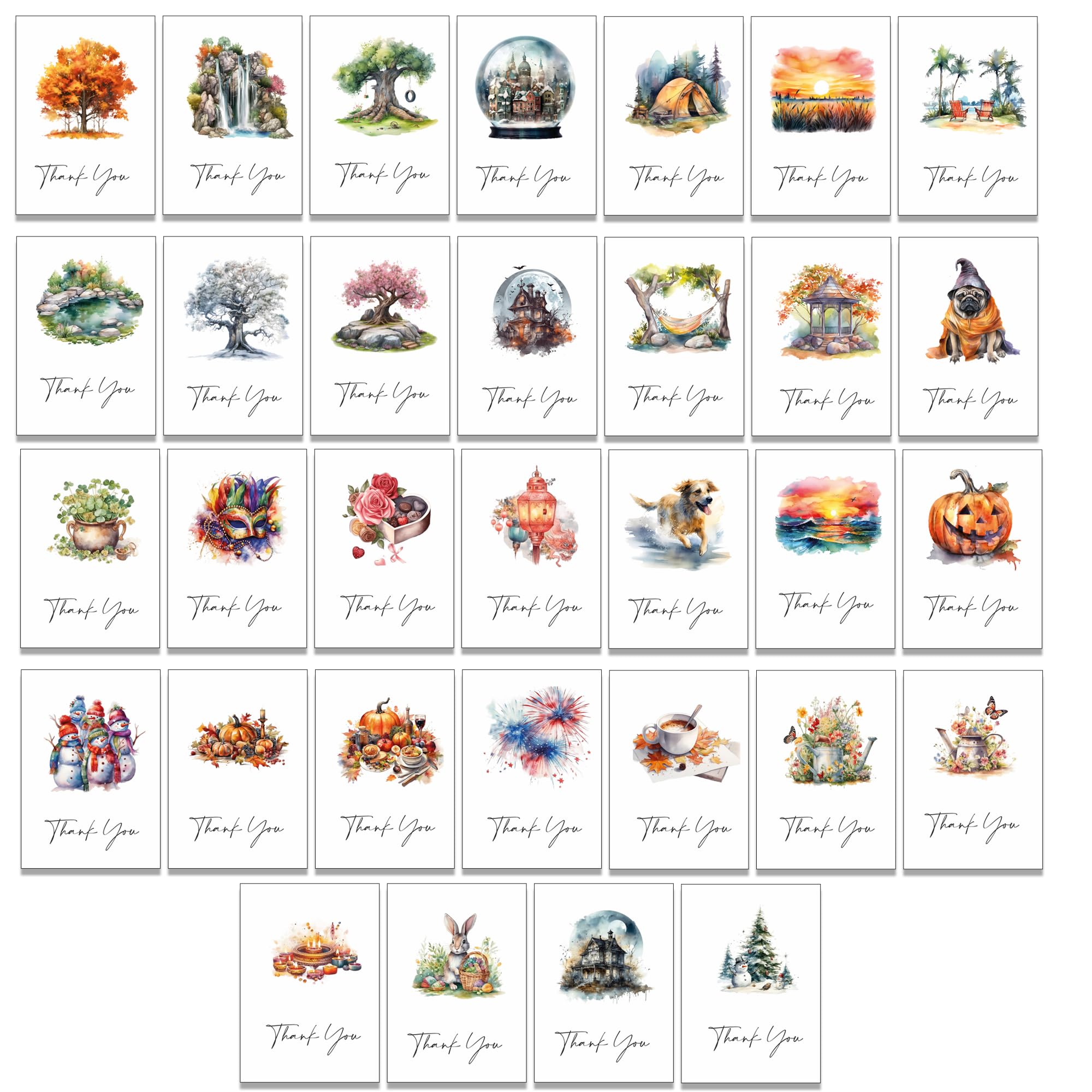 32 Thank You Greeting Cards with 32 Different Designs on the Front with Kraft Brown Envelopes Included (Four Seasons)