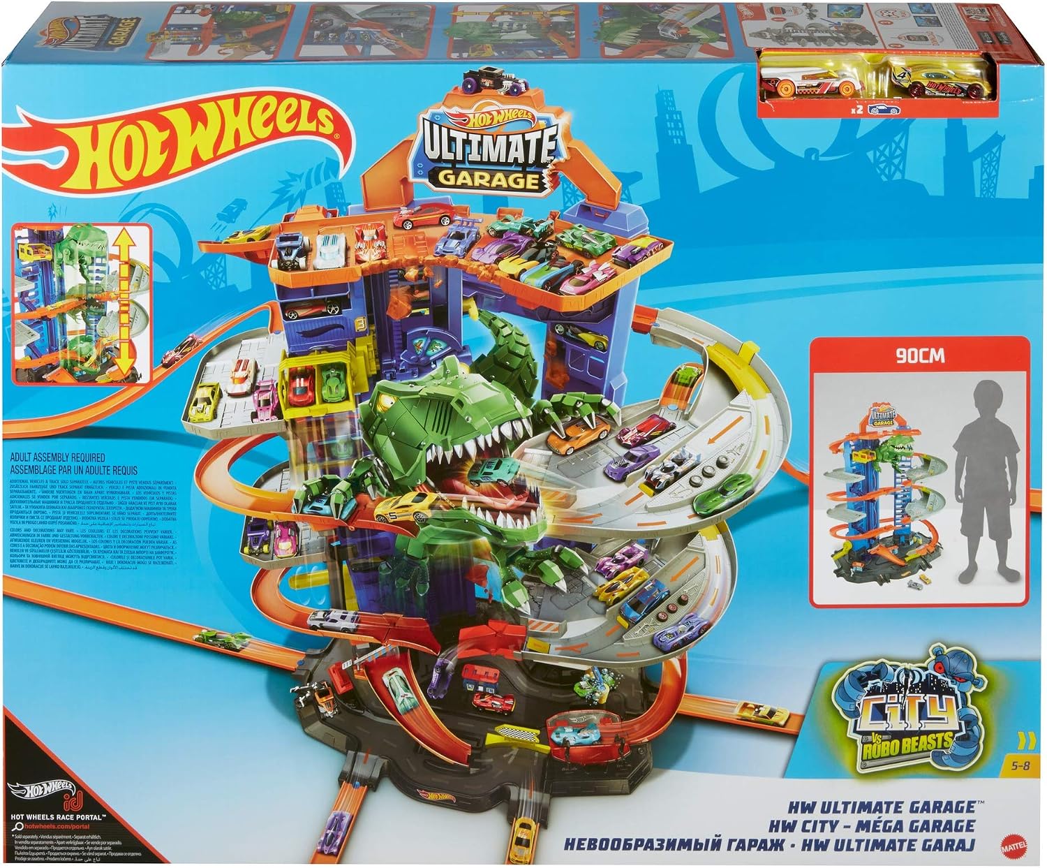 Hot Wheels City Ultimate Garage Playset with Multi-Level Racetrack, 91 cm Tall Moving T-Rex Dinosaur, Parks 100 Cars - Image 3
