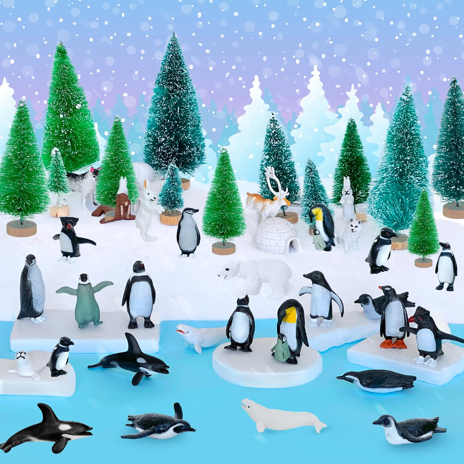 Photo 1 of 41 Pcs Arctic Animals Figurines Set Diorama Kit Includes 21 Polar Animals Figurines 16 Mini Pine Trees 1 Fake Snow Blanket 2 Foam Boards 1 Blue Tissue Paper Artic Diorama Supplies School Winter Decor