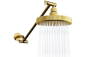 SparkPod Round Rain Shower Head with Shower Head Extension Arm - High Pressure Rain - Luxury Modern Look - No Hassle Tool-less 1-Min Installation (16" Shower Arm Extension, Egyptian Gold)