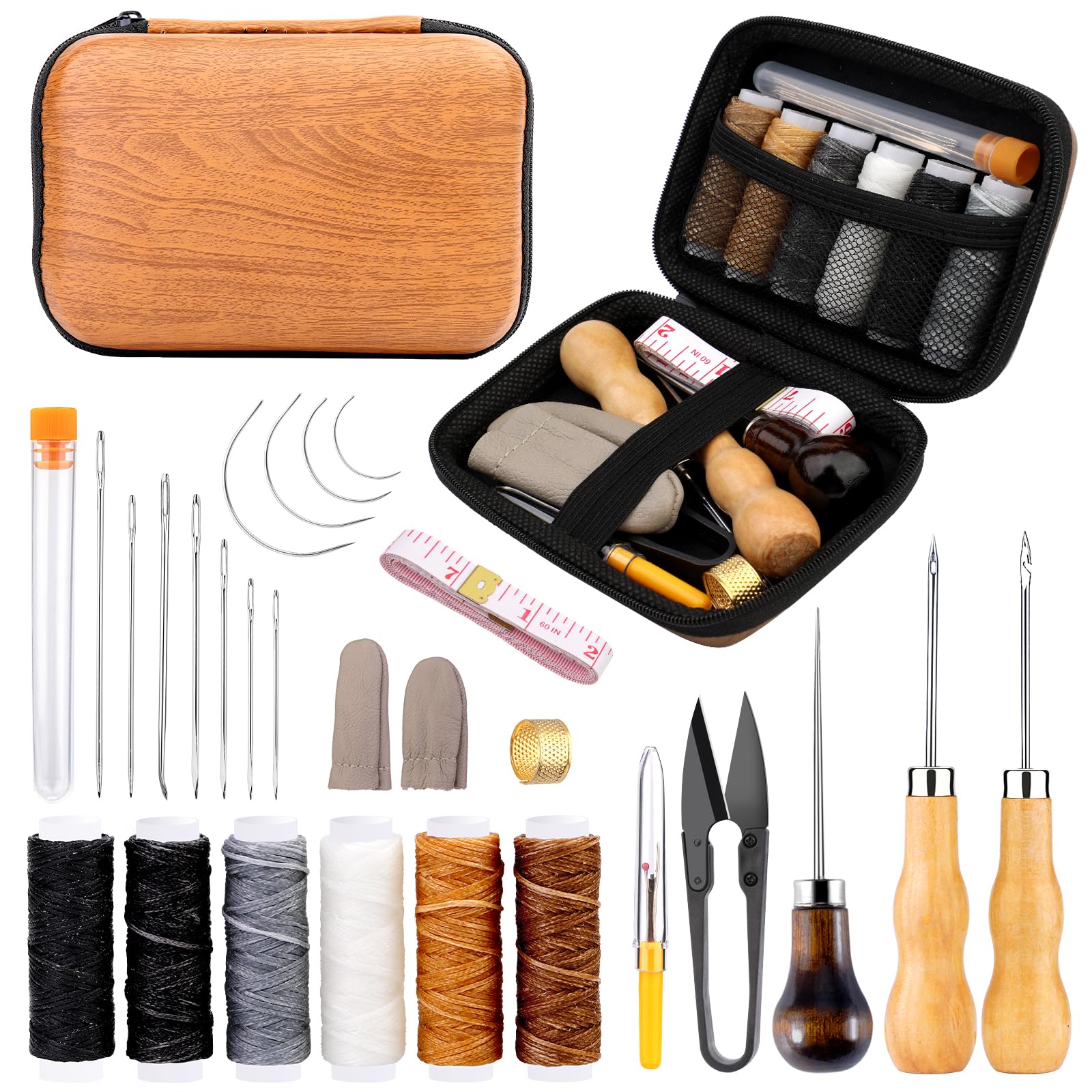 JUAYING 27 Piece Leather Sewing kit, Including Sewing Thread and Needle, awl, and Thimble, Suitable for Beginners in Leather Craftsmanship DIY Sewing kit, brown