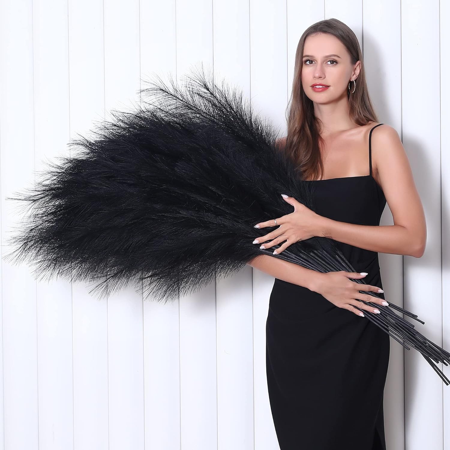 Dried & Preserved Flora - 8 Pcs 45 inch Tall Faux Pampas Grass Decor, Large Artificial Black Pompous Grass Bulk, Long Fake Pompas for Floor Vase Filler, Wedding, Baby Shower, Home and Boho Decor (Black)