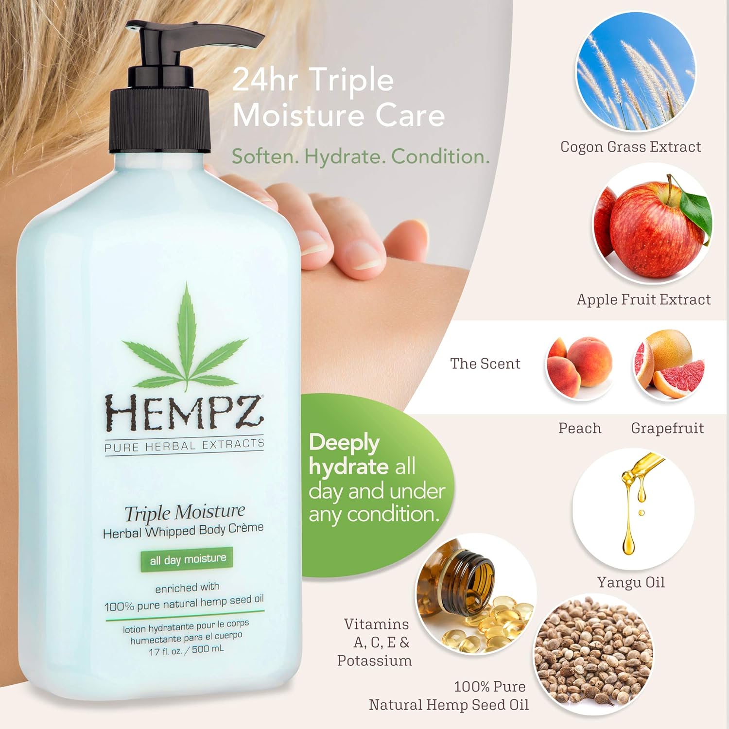 Hempz Natural Triple Moisture Herbal Whipped Body Cream with 100% Pure Hemp Seed Oil for 24-Hour Hydration - Moisturizing Vegan Skin Lotion with Yangu Oil, Peach and Grapefruit - Enriched Moisturizer : Body Gels And Creams : Beauty