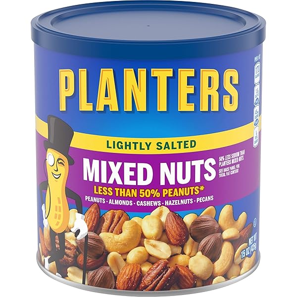 PLANTERS LIGHTLY SALTED MIXED NUTS, 15 OZ CANISTER – LESS THAN 50% PEANUTS BY WEIGHT (BREAK) ALMONDS, CASHEWS, PECANS, BRAZIL NUTS ROASTED IN PEANUT OIL – ON-THE-GO SNACK AND MOVIE SNACK – RESEALABLE CANISTER – KOSHER