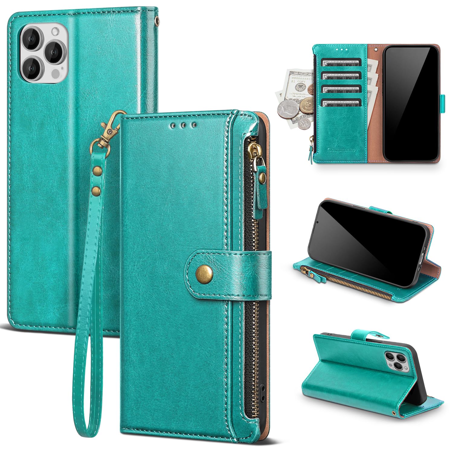 Scutumate Compatible with iPhone 15 Pro Wallet Case with Card Holder RFID Blocking Zipper Poket PU Leather Flip Phone Case with Wrist Strap Credit Card Slots Men Women,for Apple 15 Pro,Blue Green