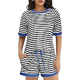 Ekouaer Pajamas for Women Short Sleeve Pjs Sets Crewneck Striped Tops and Shorts 2 Piece Lounge Sets with Pockets S-XXL