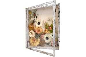 GraduationMall 16x20 Wood Shadow Box Frame Glass Door Display Case with Linen Back and 6 Stick Pins,1.5 inches Interior Depth,Ideal for Memorabilia Pictures Flowers Medals Tickets Rustic White