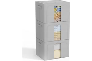 GoMaihe Large Clothes Storage Bin： 66L Heavy Duty Organizer with Metal Frame & Lid, 3-Pack Stackable Box for Sweaters, Season