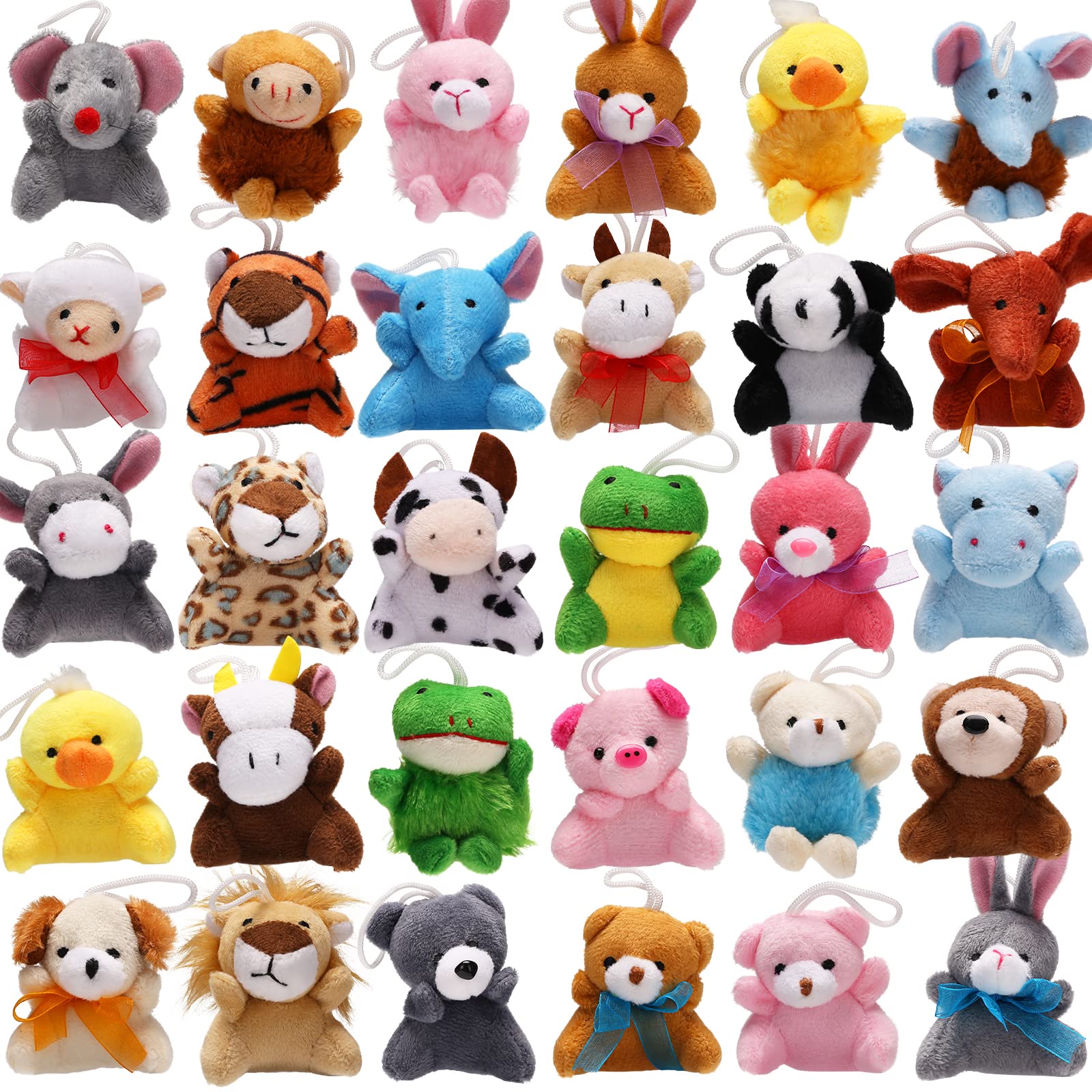 YeoNational&Toys 32 Pack Cute Small Stuffed Animal Keychain Set for Party Favors, Goodie Bag Fillers, Carnival Prizes Box for Kids, Mini Plush Toy Assortment for Classroom Rewards