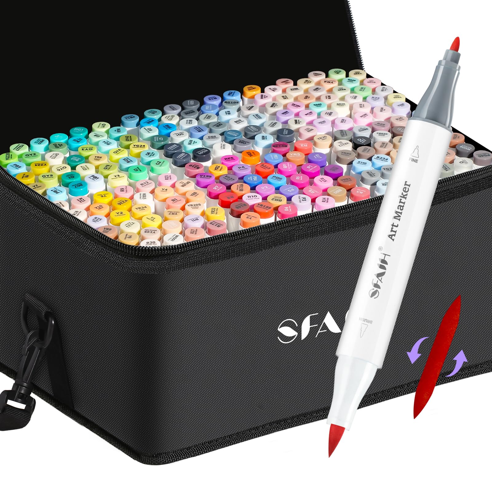 Photo 1 of SFAIH Alcohol Markers Brush & Fine - 216 Colors Double Tipped Art Markers for Adult Coloring Illustration, Gifts for Artist Adult - Adjustable Shoulder Strap & Faux Leather Lining & Outer Zip Pocket