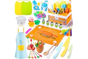 EFO SHM 52 PCS Kids Cooking Sets, Montessori Pretend Play Kitchen Toys for Real Cooking Baking, Toddler Knife Set with Chef Hat & Apron, Kids Baking Set for Boys Girls Christmas Birthday Gift