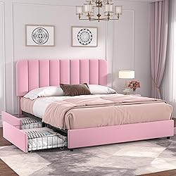 VECELO Queen Size Upholstered Bed Frame with 4